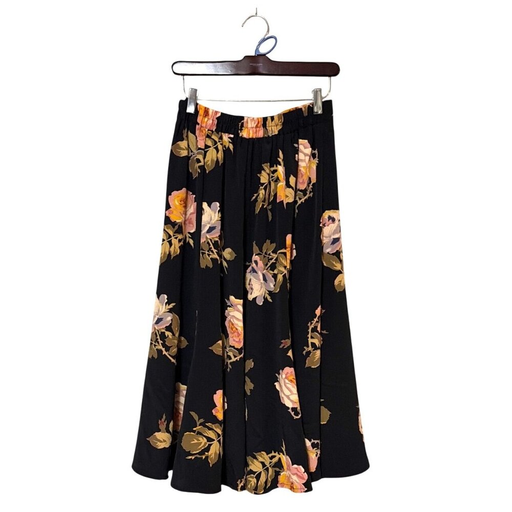 Vtg Sharon Anthony Petite 8 Black Floral Elastic Waist Midi Skirt Made In USA - Picture 2 of 7